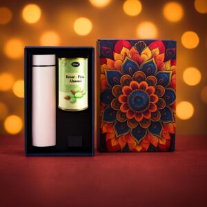 Effete Kesar Pista Almonds Gift Hamper, Golden With Bottle (2 Pc Set), Mix Color